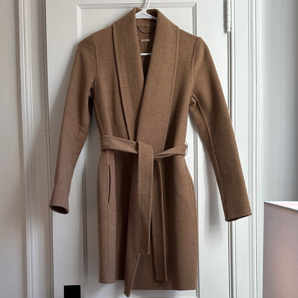 Massimo Dutti longline wool shawl collar cardigan camel tan XS EUC $450